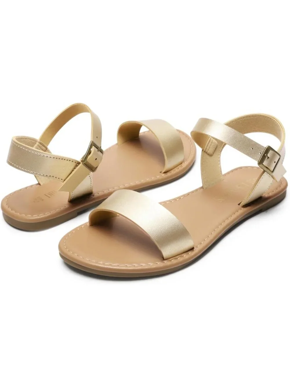 Women's Gold Flat Sandals Open Toe Ankle Strap Faux Leather Non Slip Shoes